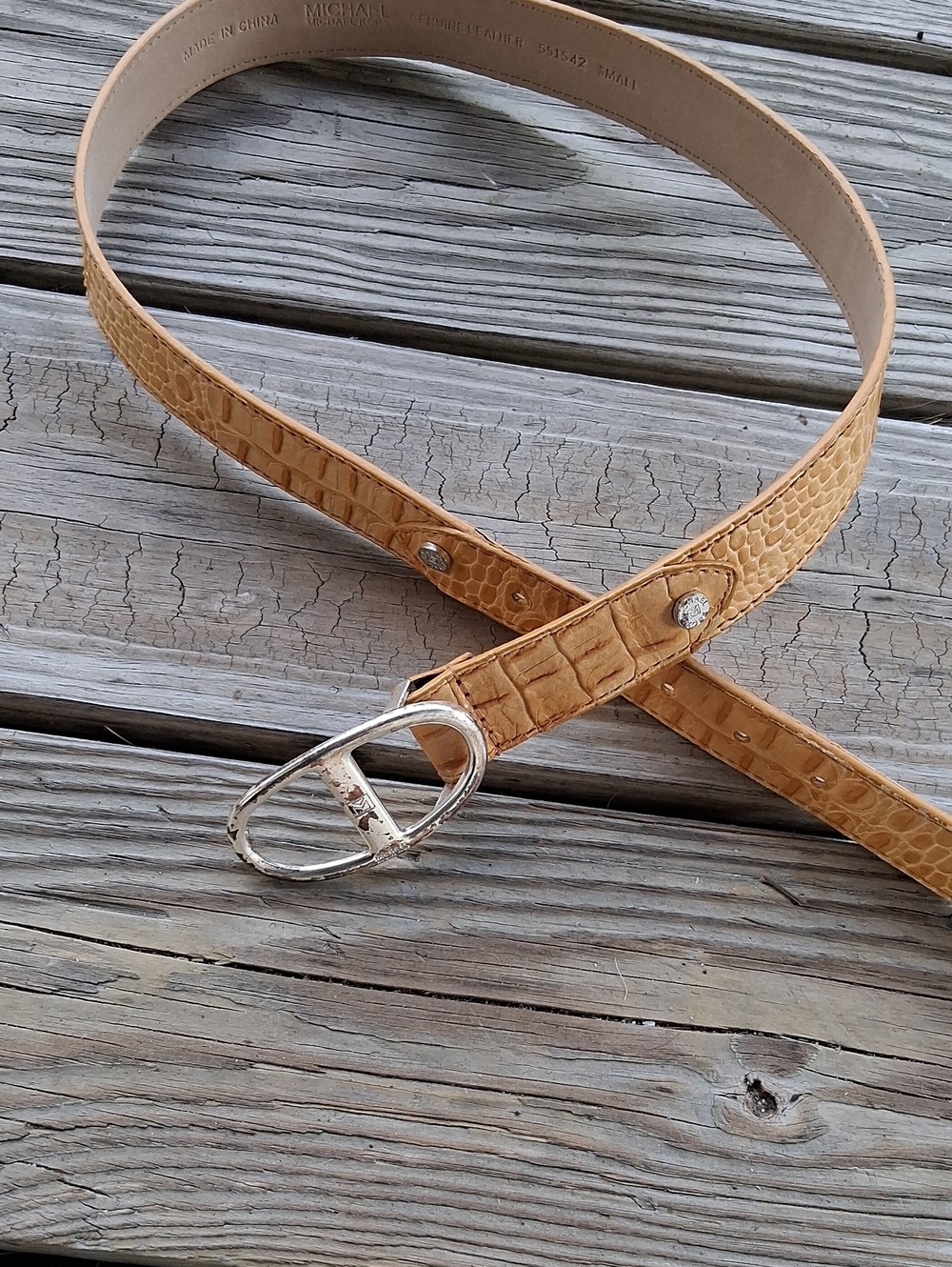 Michael Kors Croc-Embossed Belt in Tan with Silver Buckle
